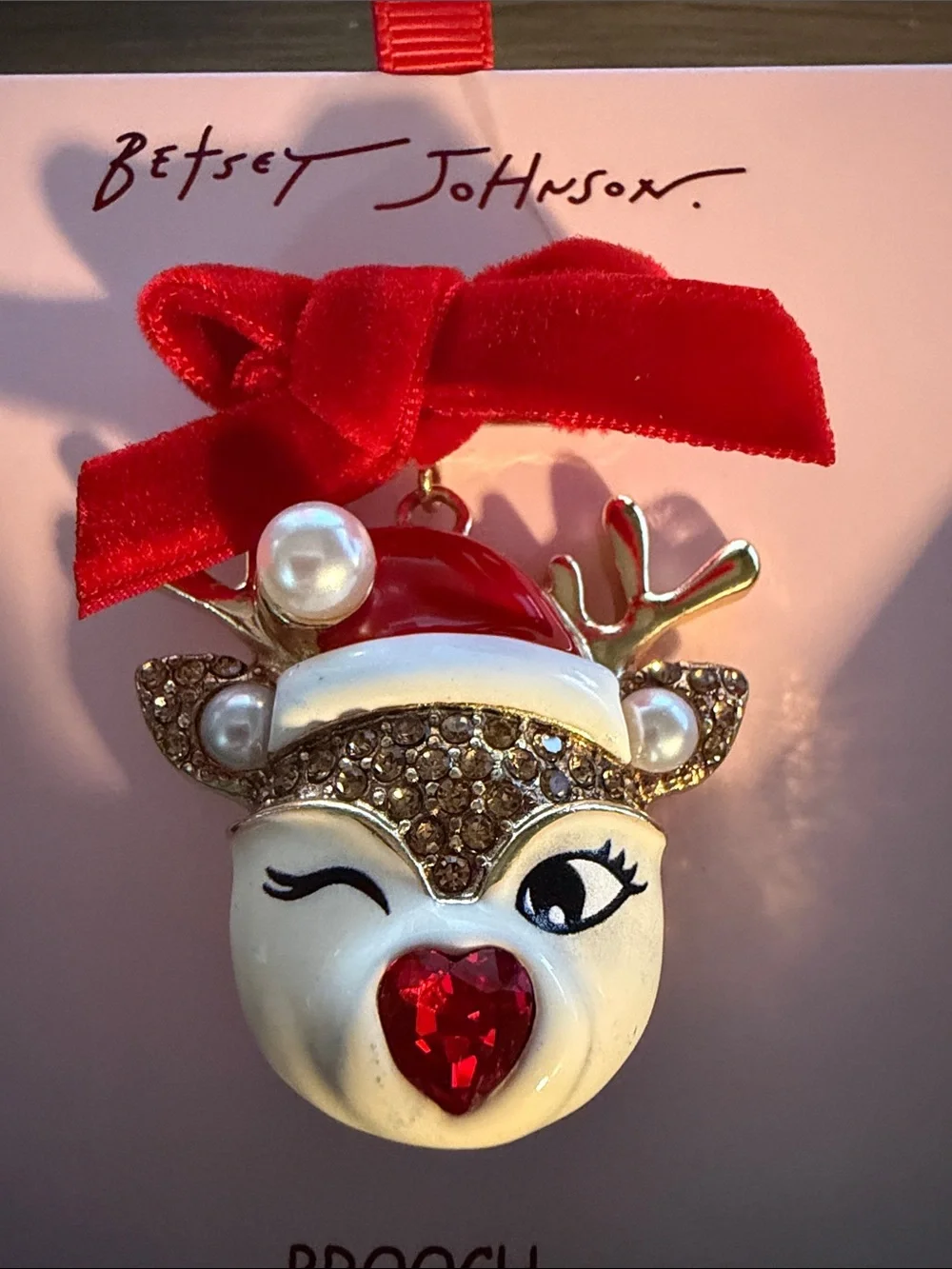 Betsey Johnson Red Velvet Bow Reindeer Brooch with Gold Accents